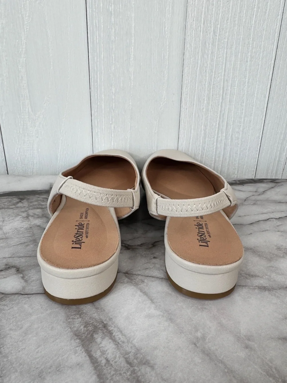 Life Stride Cream Slingback Flats - Women's Soft Leather-Look